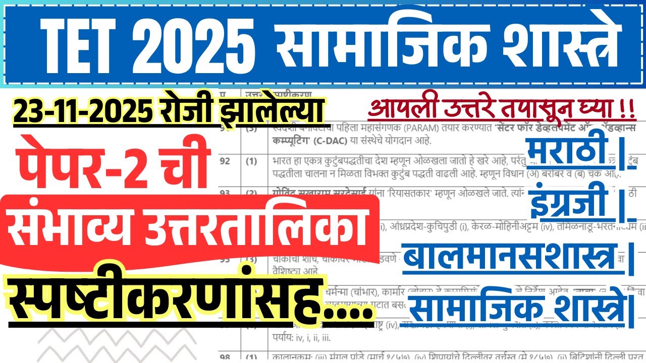 💎 TET Exam 2025 | Paper 2-सामाजिक शास्त्रे | उत्तरतालिका | Expected Answer Key & Analysis| #tet2025