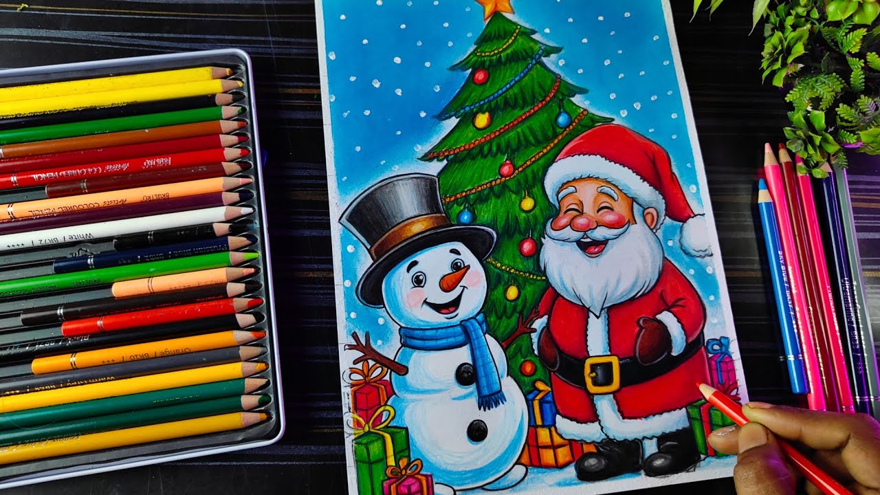Merry Christmas Drawing, Santa Claus Drawing, Santa With Snowman Drawing Colour, Christmas Tree Art