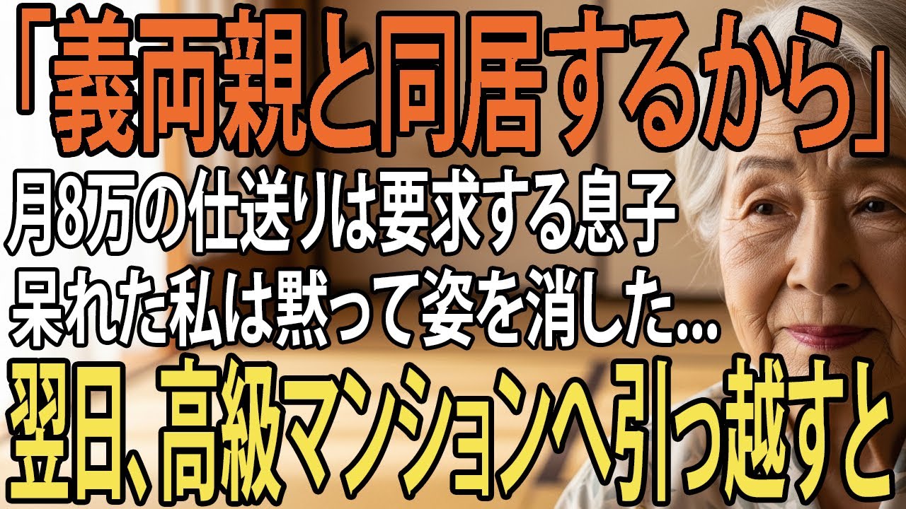 「義両親と暮らすから」月8万も仕送りをしていた私へ一方的に宣告する息子。呆れた私は黙ってすべての援助を停止→翌日、高級マンションへ引っ越すと、半狂乱の息子から鬼電が【シニアライフ】【60代以上の方へ】