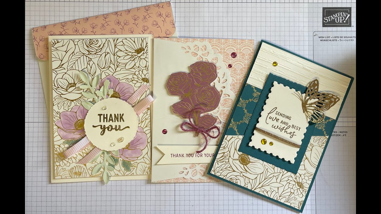 Forever Love DSP, Perennial Postage Bundle & Gold Foiled Flowers Cards and Envelopes to made 3 cards