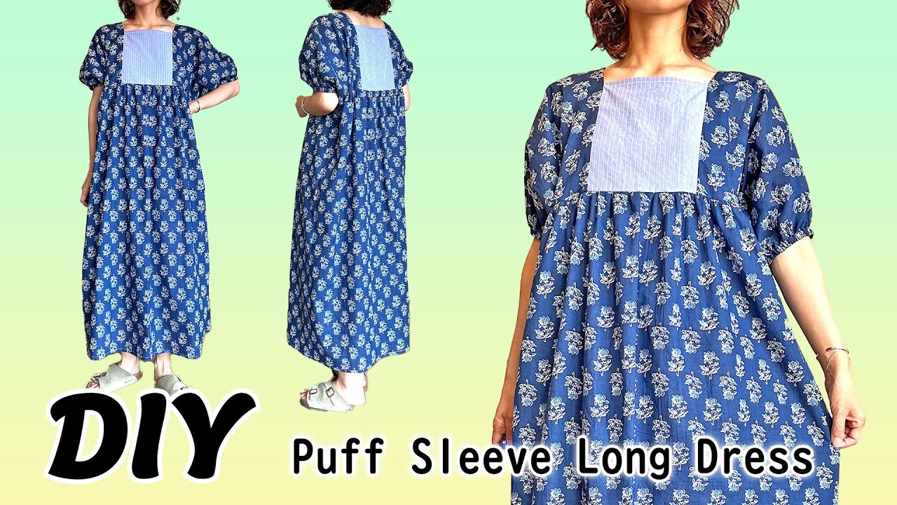 パフスリーブロングワンピースの作り方/ハンドメイド大人服/SMLXLサイズ/無料製図/型紙なしで作れる