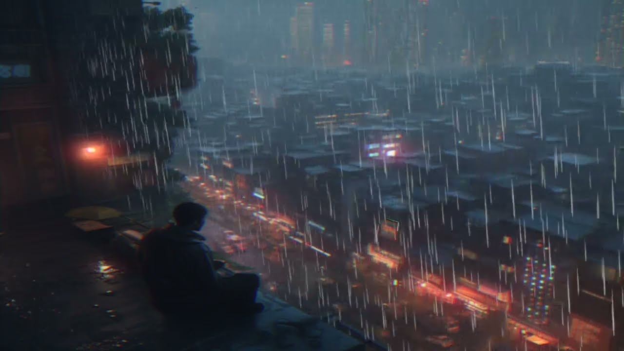 Pure Ambient Bliss: Epic Cyberpunk Atmospheres with Deep Relaxing Synth Waves in Rain - Calm Focus
