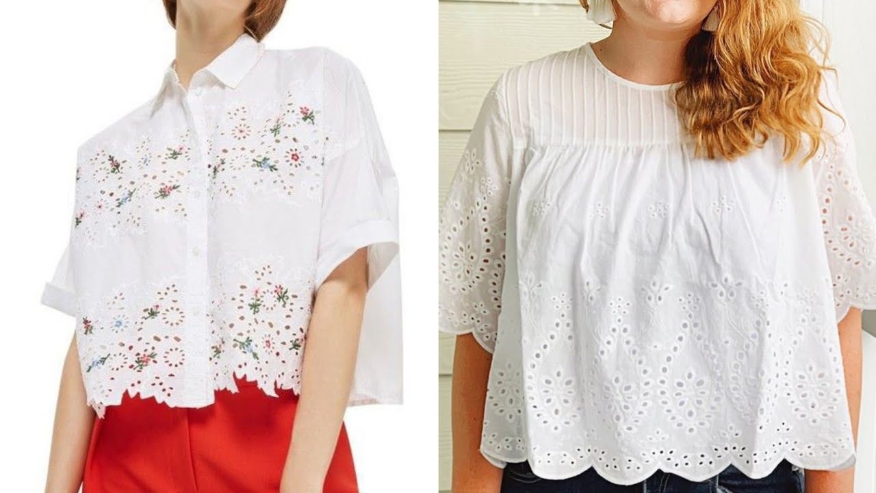 Top 50 white EYELET SUMMER blouse designs/Eyelet Cotton Casual Wear croptop shirts design 🎽👕2k24