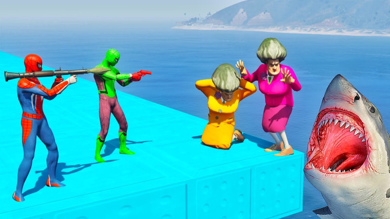 Scary Teacher 3D - Color Spiders Vs Miss'T Team - A angry Shark in the sea - Spiderman Revenge