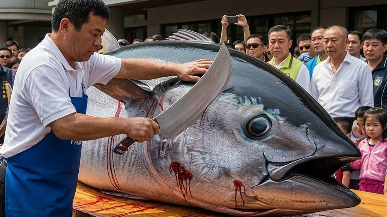 Огромный голубой тунец, разрезанный на кусочки для изысканных суши и сашими.
