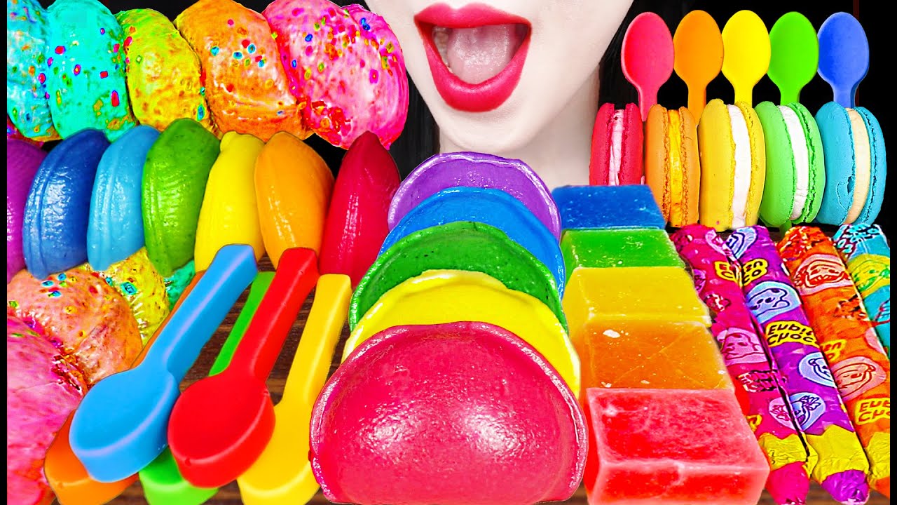 ASMR Rainbow Dessert, Edible Spoon, Kohakuto Jelly 먹는 숟가락, 코하쿠토, 젤리 레인보우 먹방 Mukbang