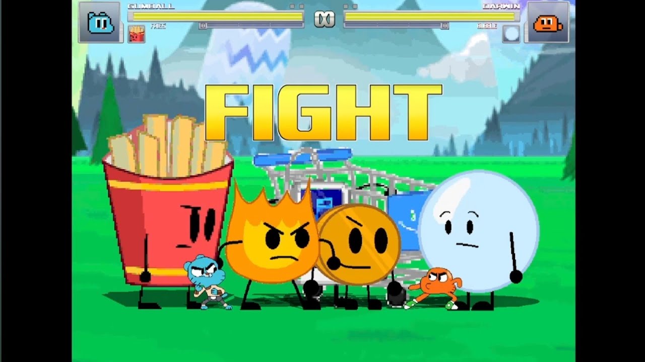Gumball/Fries/Firey/PMP vs. Darwin/Bubble/Coiny/Shopping Cart (TAWOG x BFDI) | M.U.G.E.N