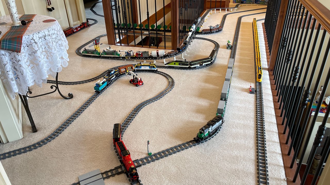 Lego Train Track Time-lapse build, 125m / 410ft Track and 8 trains running