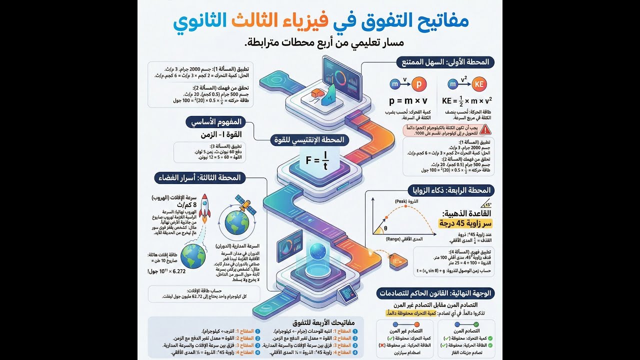 شرح مسائل فيزياء الثالث الثانوي كمية التحرك والمقذوفات