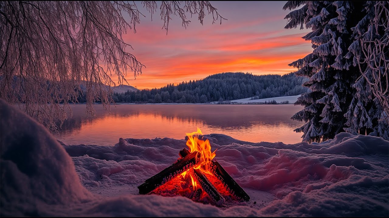 Winter Campfire by the Lake 4K 😴❄️ Deep Sleep & Relaxation