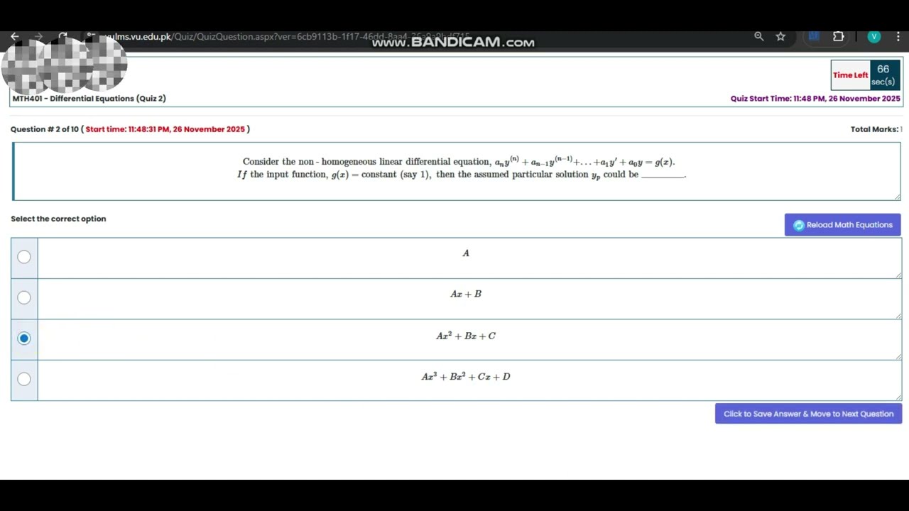 MTH401 Quiz 2 Solution Fall 2025 || MTH401 - Differential Equations || VU Zone