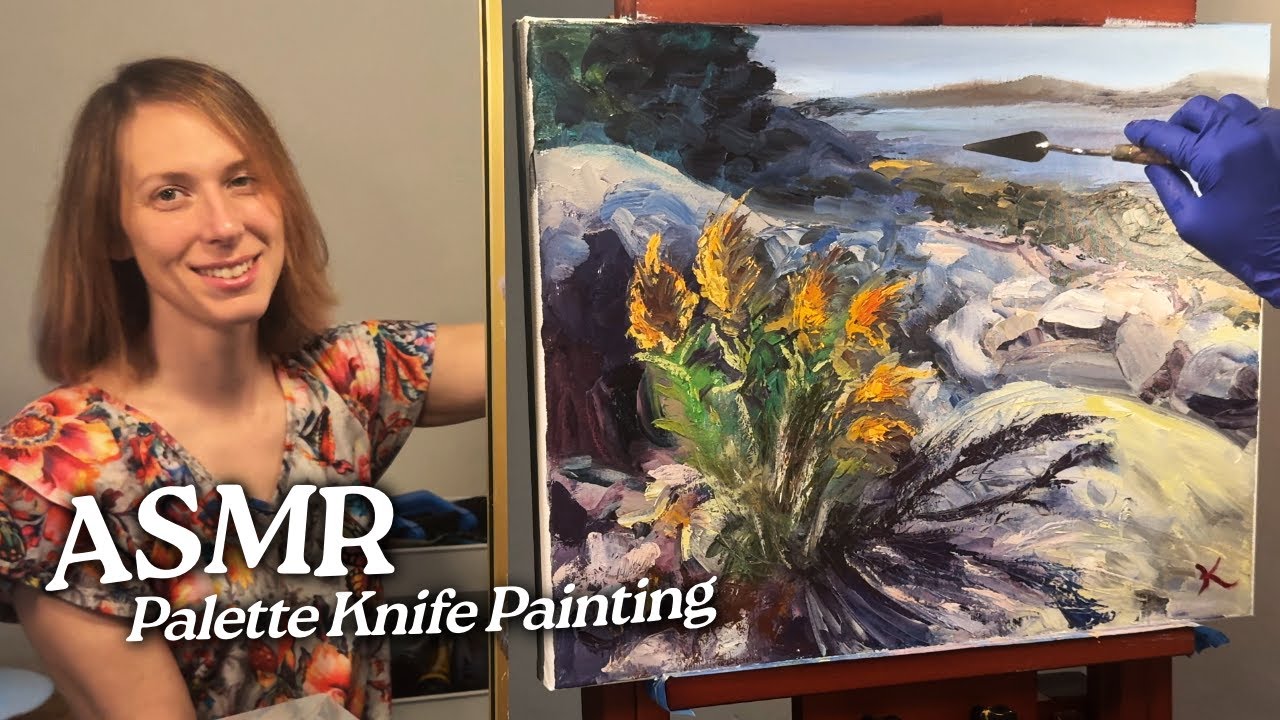 ASMR Palette Knife Painting: Goldenrod on A Rocky Ocean Shore (Soft Spoken Commentary)