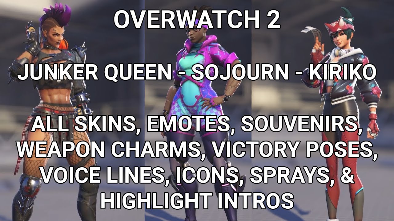 Overwatch 2 Junker Queen Sojourn Kiriko ALL Skins Emotes Souvenirs Charms Poses Voice Highlights OW2