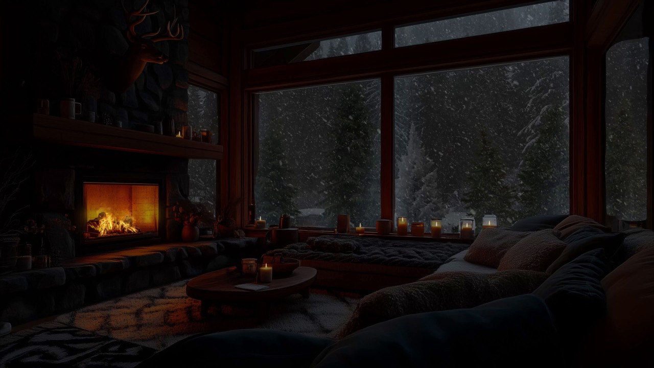 Cozy Snow Cabin Night with Gentle Fireplace Sounds and Soft Winter Ambience for Deep Sleep