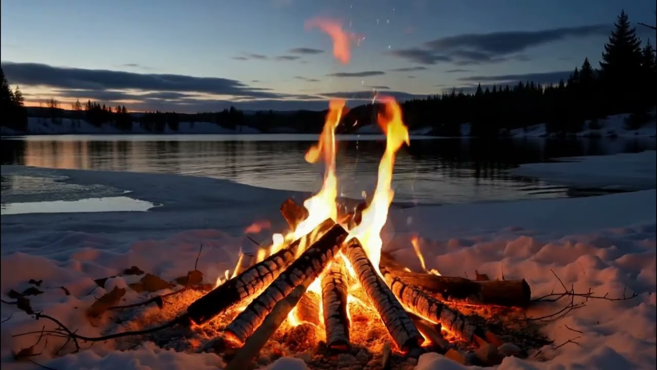 Relaxing Lakeside Campfire Ambience at Night with Cozy Crackling Fire Sounds Only