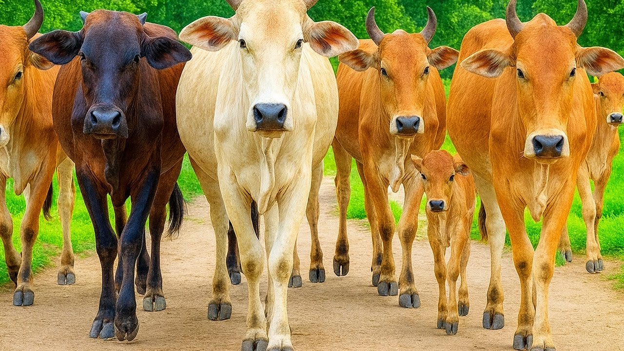 Kerumunan sapi kampung yang sedang berjalan di kubangan air Di ladang, Suara sapi Moo, Sapi lucu