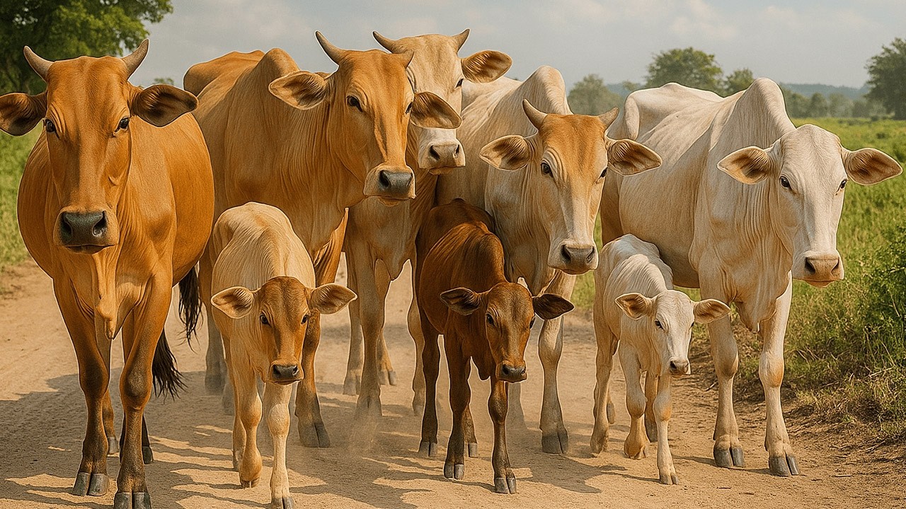 Aktivitas sapi lembu di pagi hari berlari ke padang rumput hijau, Suara Sapi Moo, Kawanan sapi lucu
