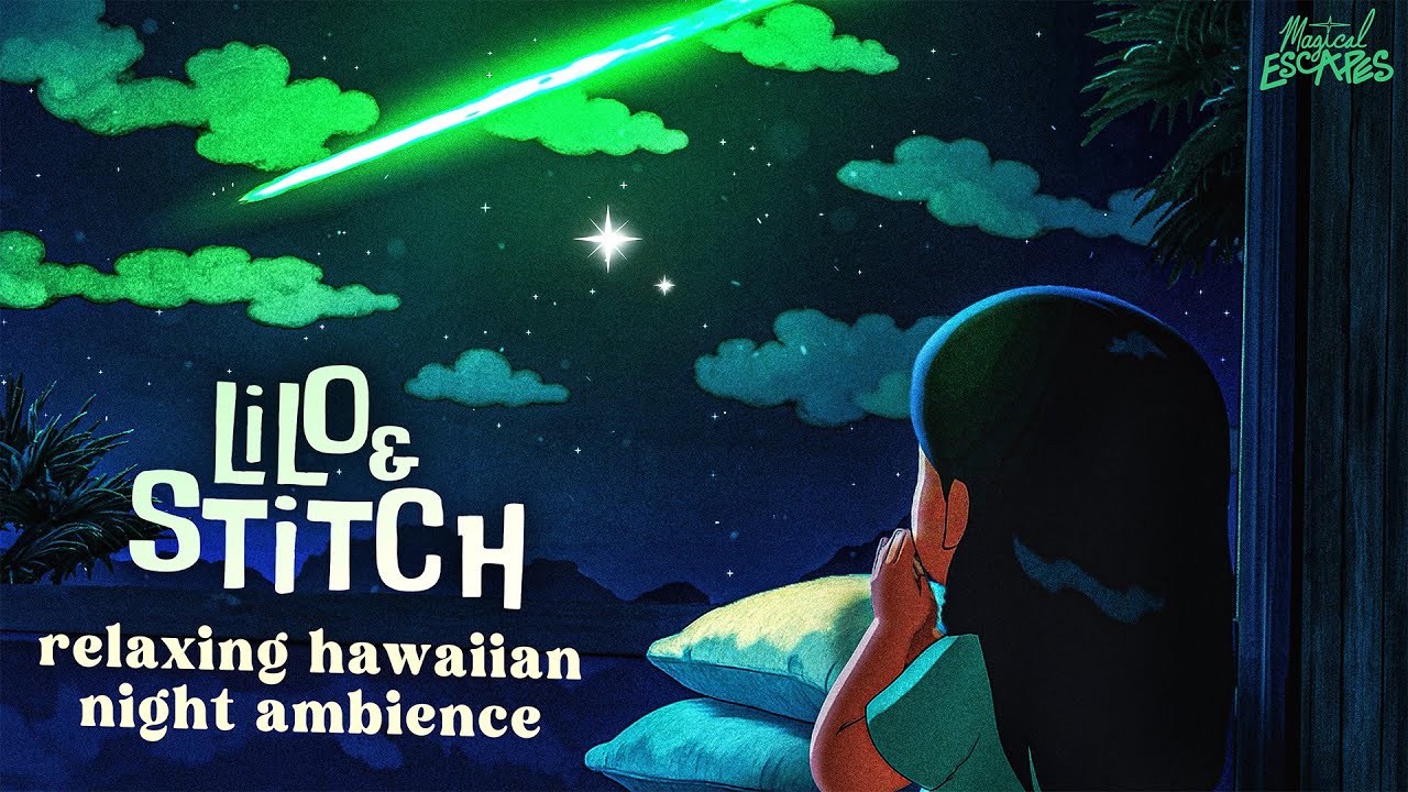 Lilo & Stitch Inspired Nighttime Ambience 🌙 Vintage Hawaiian Music & Ocean Sounds from a Cozy Window