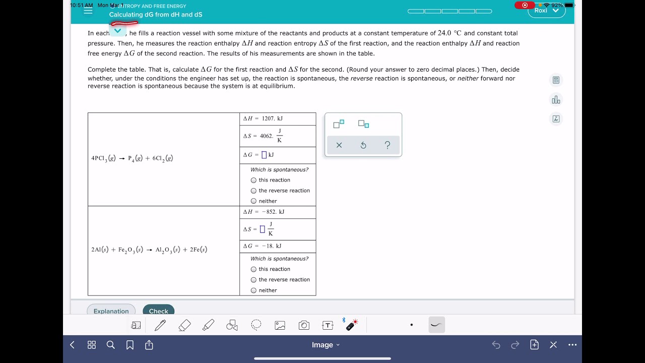 ALEKS: Calculating dG from dH and dS