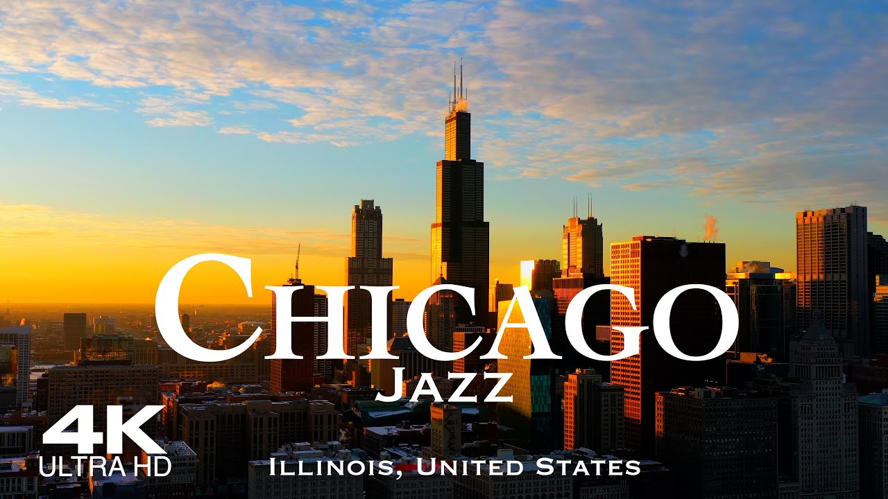 [4K] CHICAGO JAZZ 🇺🇸 3 Hour Drone Aerial with Piano & Saxophone Jazz 🎵 Illinois USA #jazz
