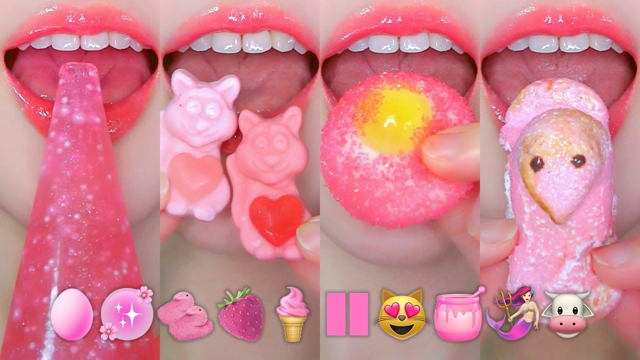 ASMR PINK DESSERTS EMOJI FOOD💓분홍색 이모지 먹방 MARSHMALLOW TANGHULU JELLY KOHAKUTO EATING SOUNDS MUKBANG