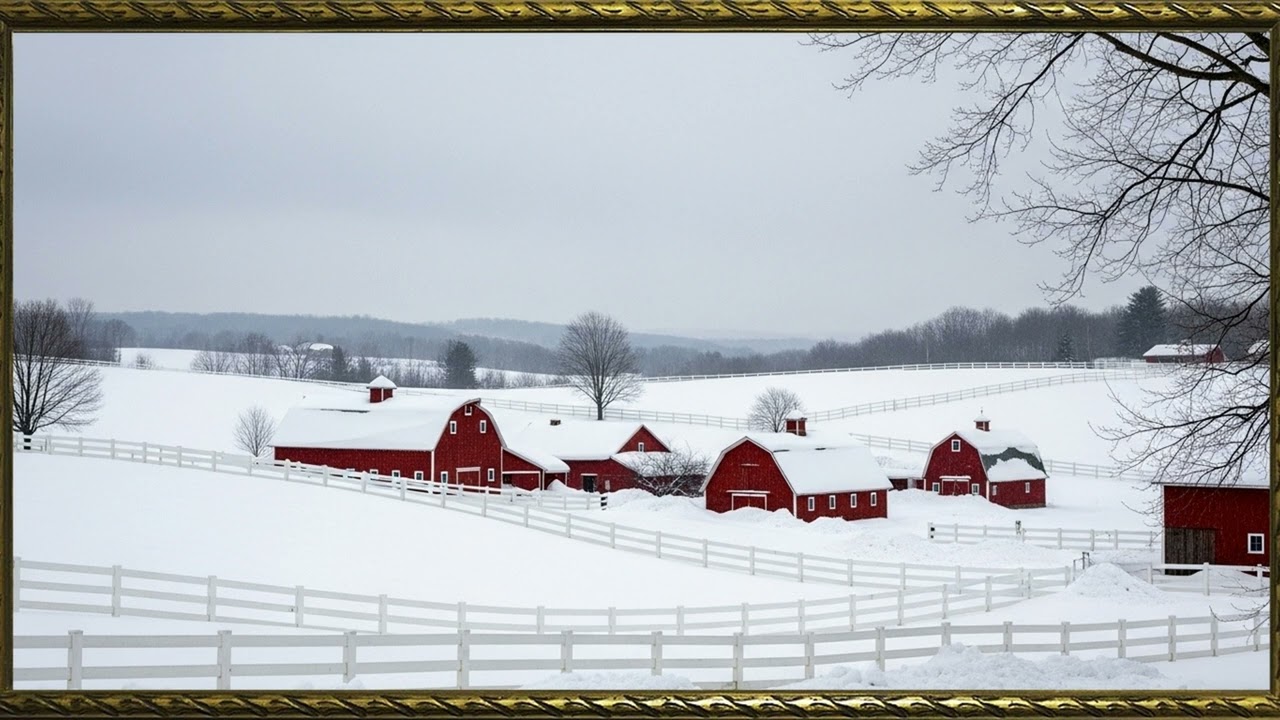 4K TV art, Galley Frame winter season .Calm Winter Home, Vintage Oil Painting