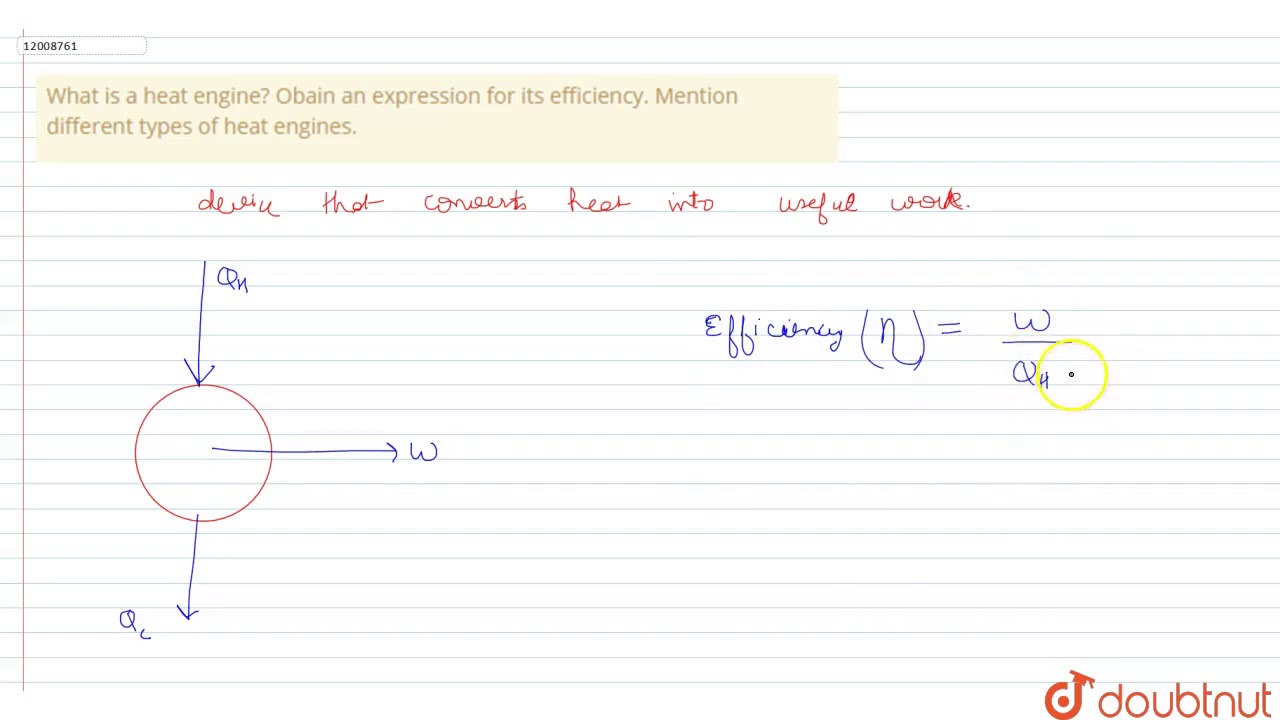What is a heat engine? Obain an expression for its efficiency. Mention different