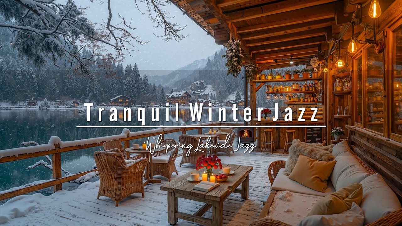 Tranquil Jazz Ambience ❄️ Snowy Winter Cabin Coffee Shop Porch by the Lake | Warm Jazz for Deep Mood
