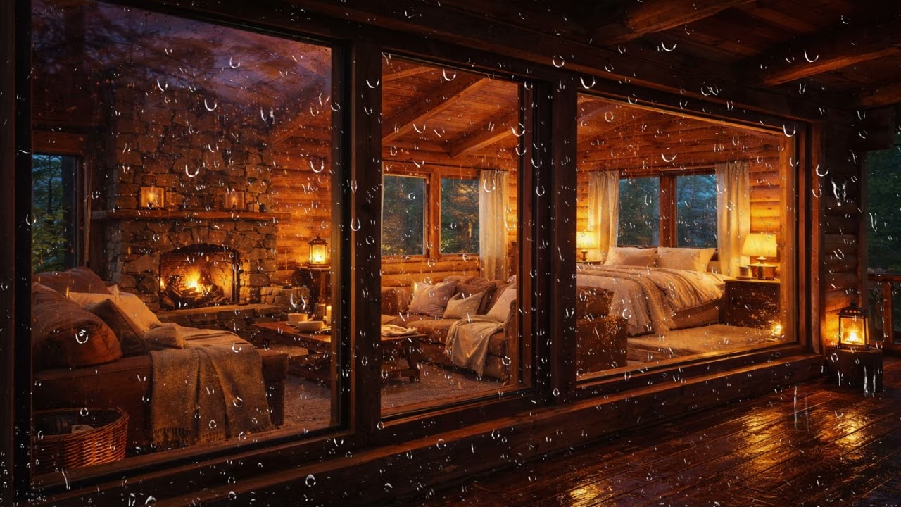 5 Hours Rainy Night in a Cozy Cabin 🌧 Window Rain Sounds