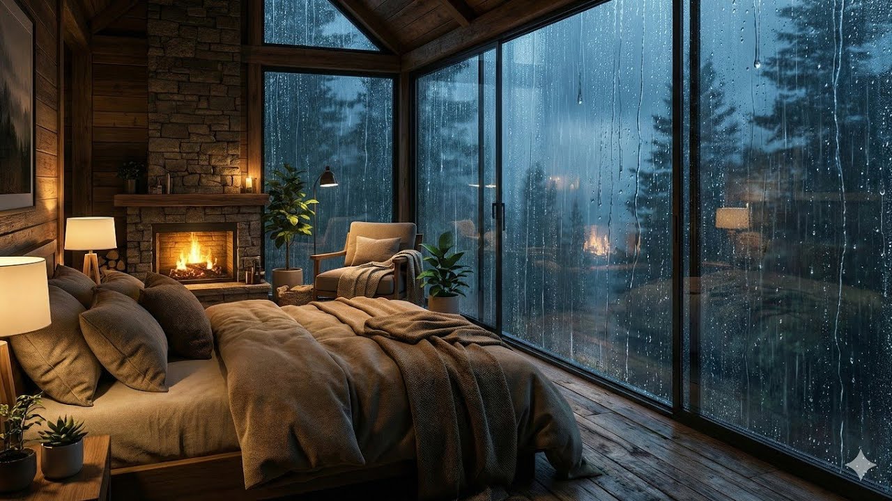 Cozy Cabin Rain & Fireplace Sounds 🌙 Deep Sleep All Night