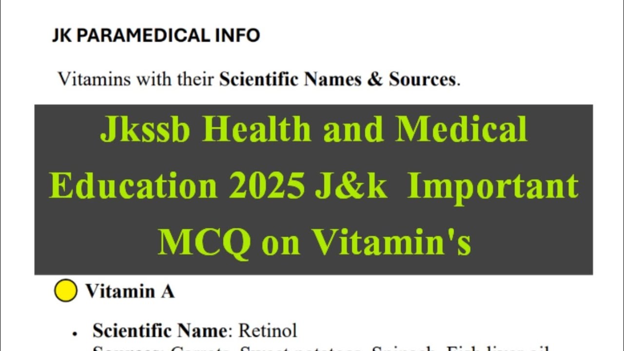 Jkssb Vitamins Imp MCQ Health and Medical Education|| Important MCQ for all Courses 