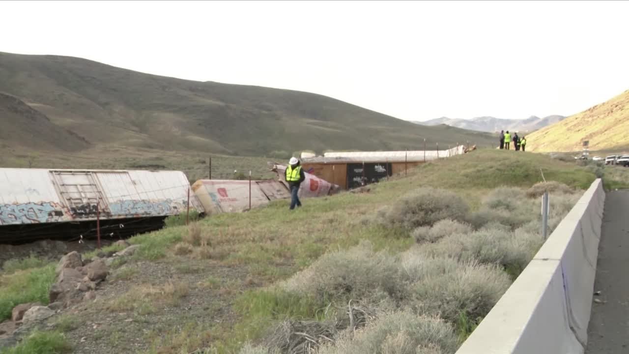 Cargo train derailment scene east of Sparks