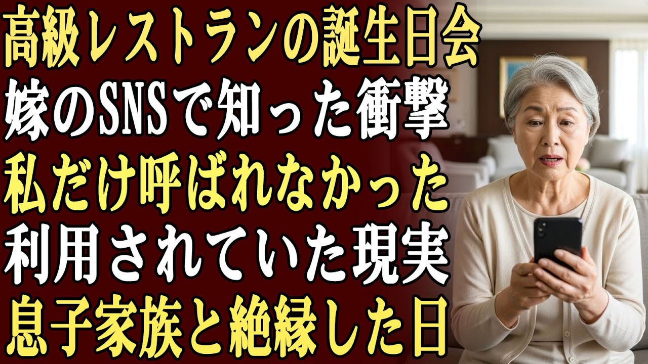 息子と嫁の実家が高級レストランで誕生日会を開いていることを、嫁のSNSで知った。しかし私は呼ばれていなかった…利用され、見下され続けてきたと悟り、私は連絡を断つ決断をした。