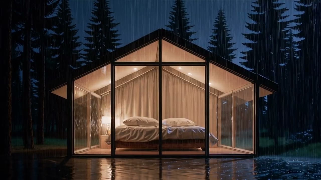 4 Hours of Rainy Forest Night 🌧️ Cozy Glass Cabin Bedroom Sounds for Deep Sleep