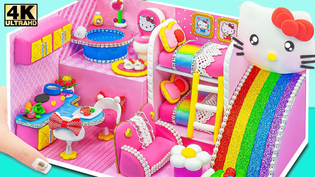Build a Colorful Clay Hello Kitty Mini House with Bunk Bed & Bathtub 💖🛁  DIY Clay Craft