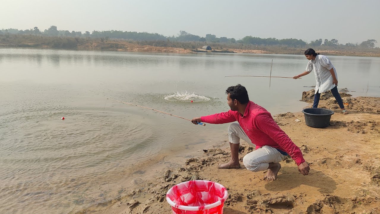 Fishing Video || The brother & sister fishing in the village river with using hook fishing ||