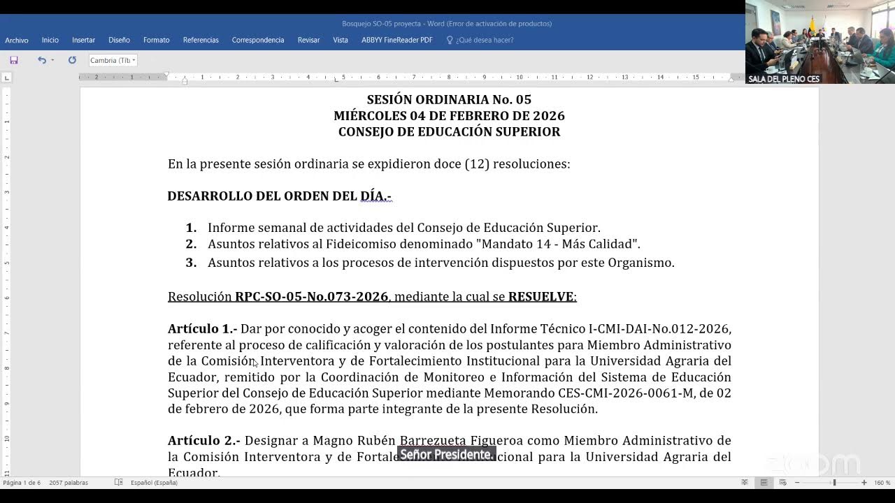 Quinta Sesión Ordinaria del Pleno del CES