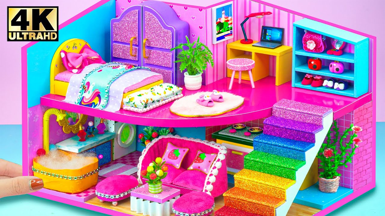 How to Make Comfortable House & Yellow Bedroom with Rainbow Stairs for Two ❤️ DIY Mini House