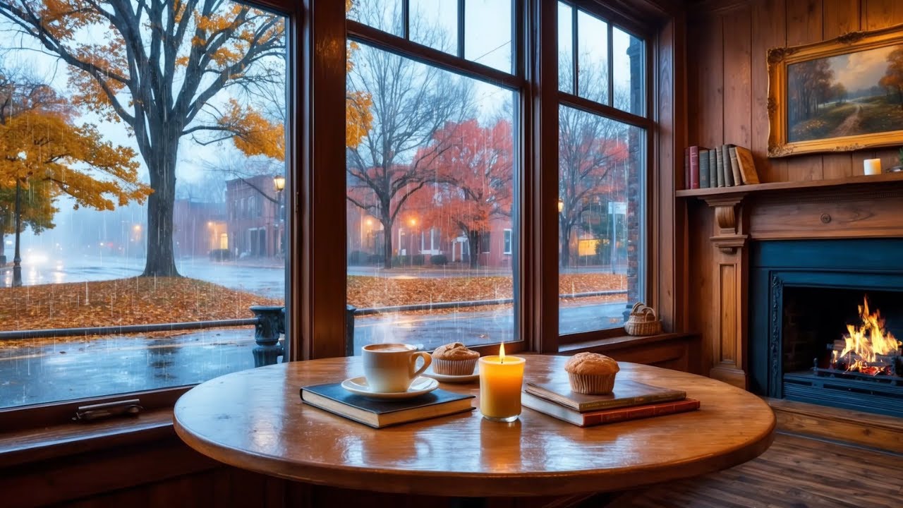 Cozy Autumn Ambience 🍂☕Relax by the Fireplace | Ambient Rain Sounds for Sleep or Focus | Fall Vibes