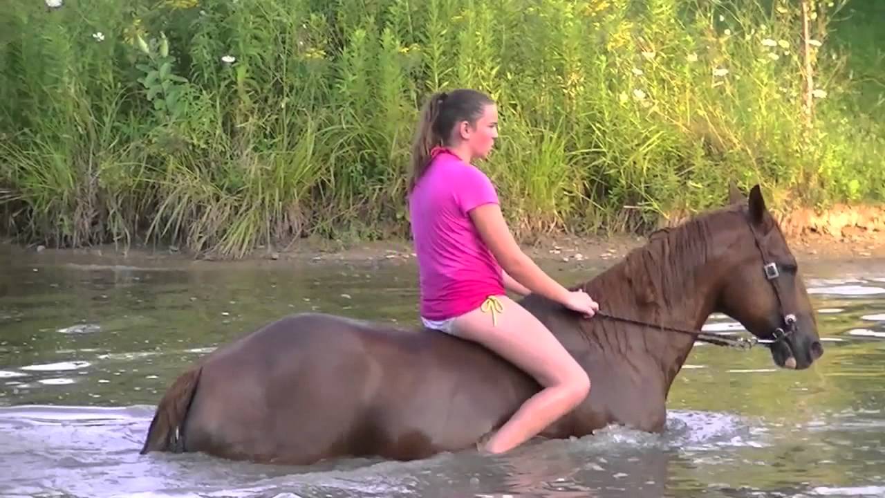 swimming in the pond with the horses :)