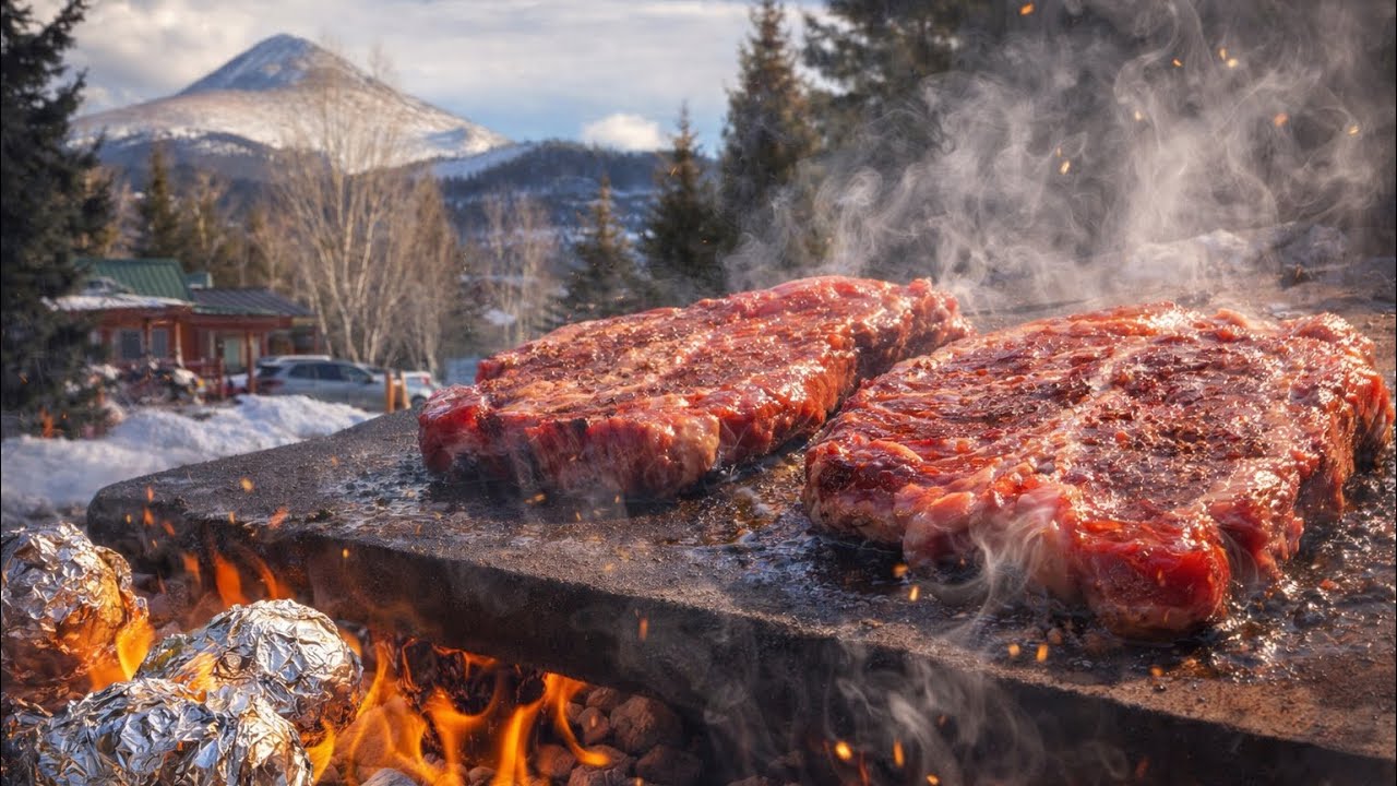 The Juiciest Steak Sizzling on a Hot Stone in the Snow | Mt. Charleston