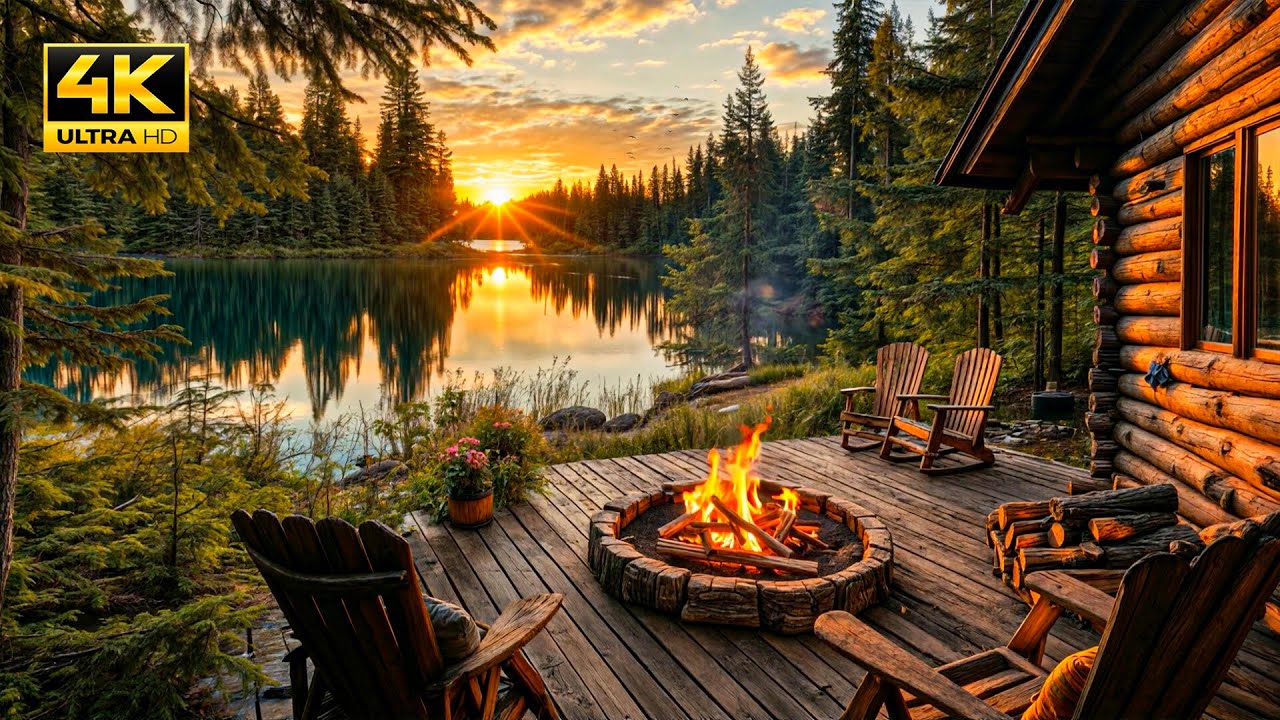 Spring Sunset Magic by the Lake: Relaxing Nature Sounds. Birdsong and Fire Sounds for Relaxation