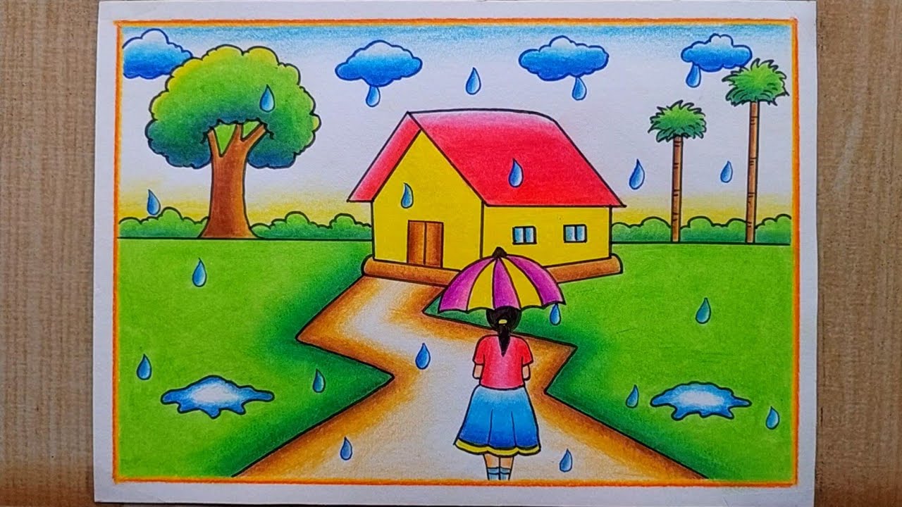 Rainy Day Scenery drawing easy| Rainy season Village scenery drawing| How to draw Rainy Season House