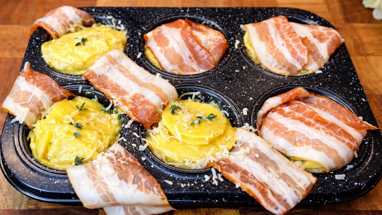 Картофельные запеканки с сыром, завернутые в бекон – по мотивам картофельного гратена