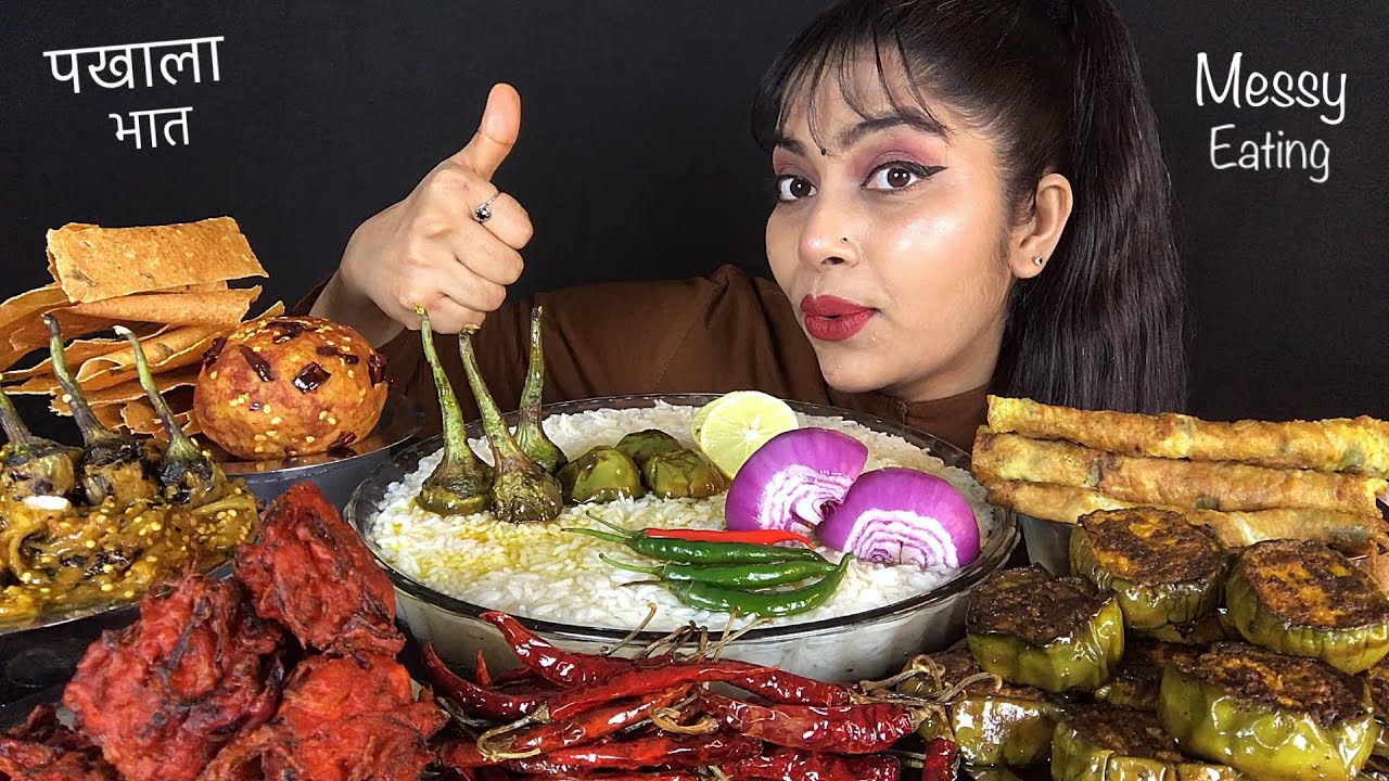 EATING DRY CHILLI PANTA BHAT ALOO BHARTA PAPAD BAIGAN BHARTA ONION PAKODA OMELETTE BHAJA | ASMR SHOW