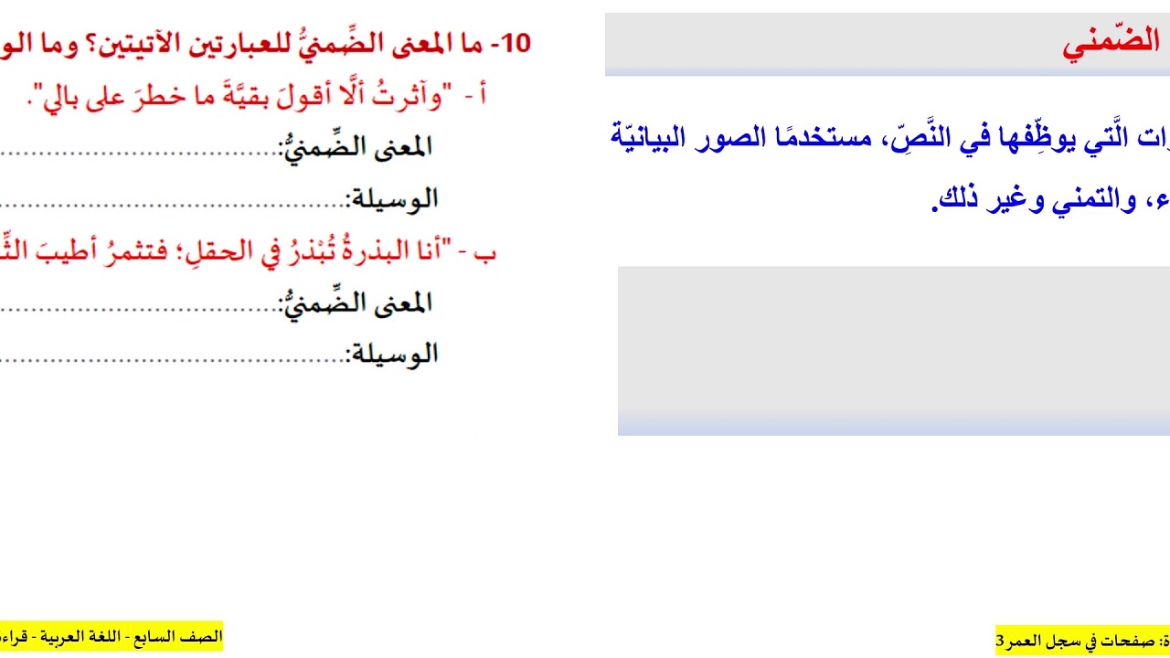 الصف السابع   اللغة العربية   القراءة  صفحات في سجل العمر 3