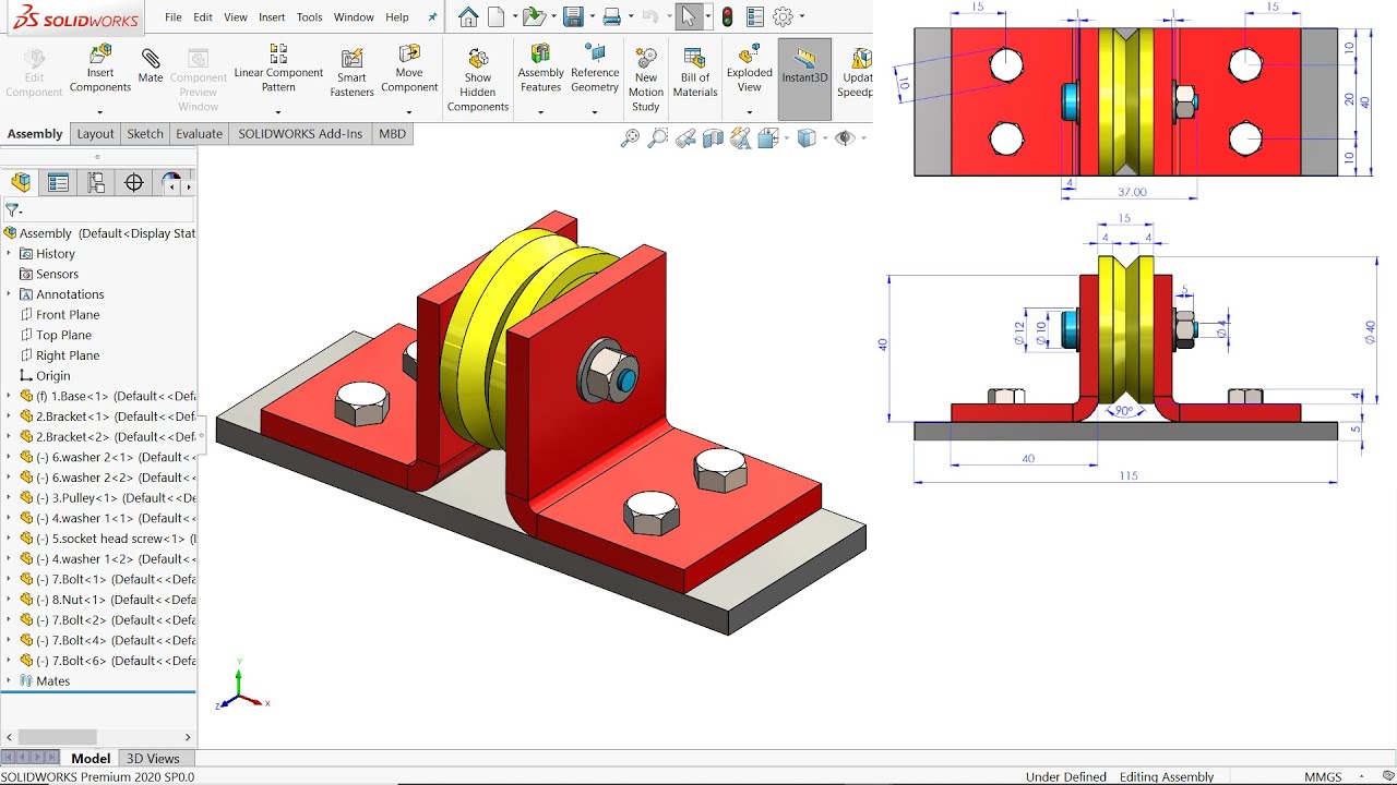 Solidworks tutorial Pulley Support assembly