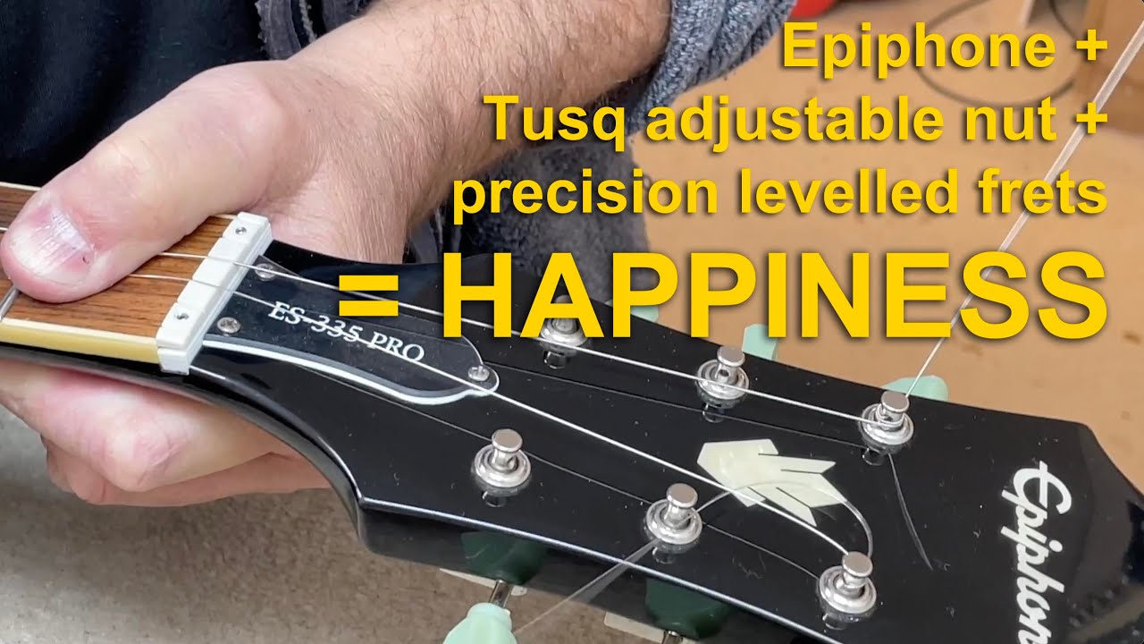 Epiphone ES 335 set up including Tusq adjustable nut, precision fret levelling and new bridge.