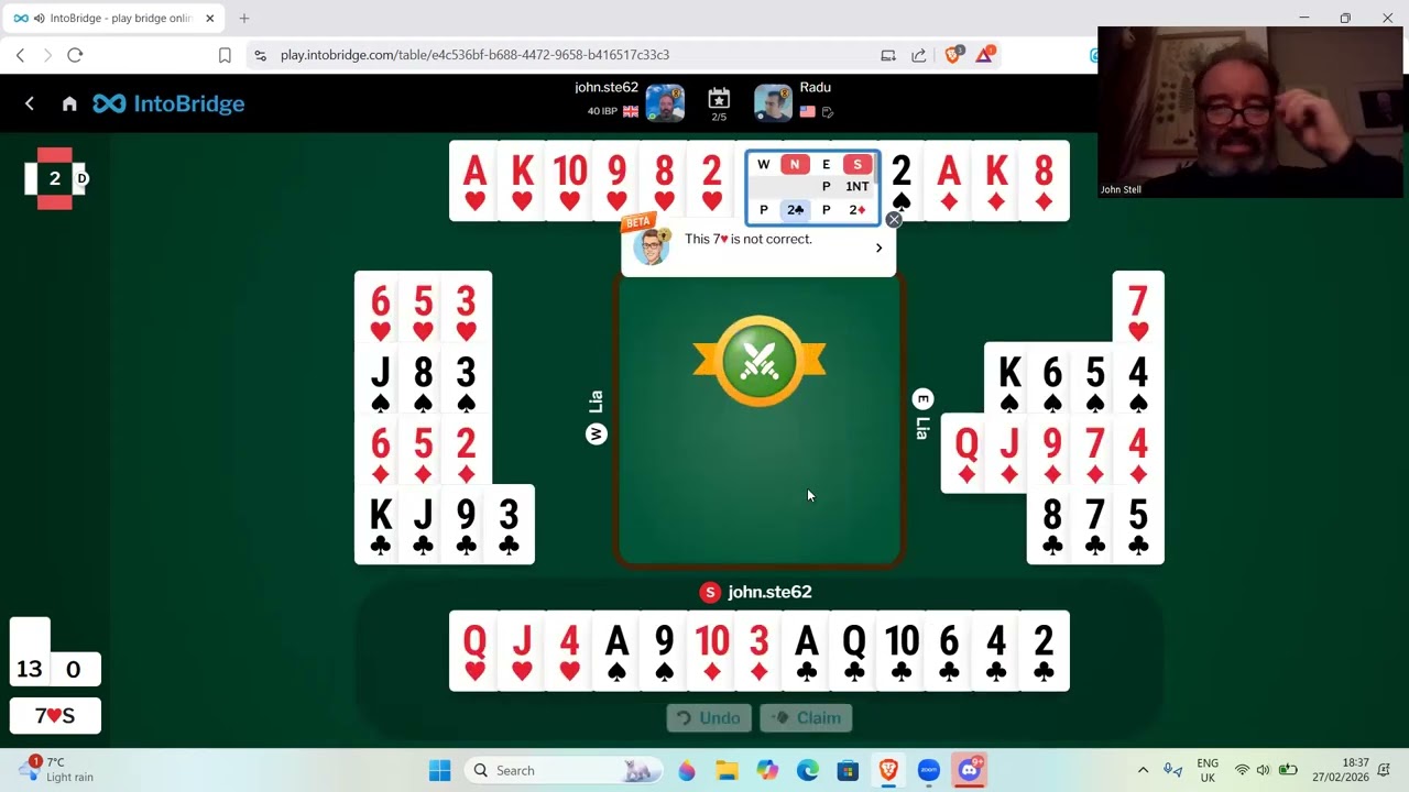 5 hands against bridge player Radu Nistor - 27th February 2026