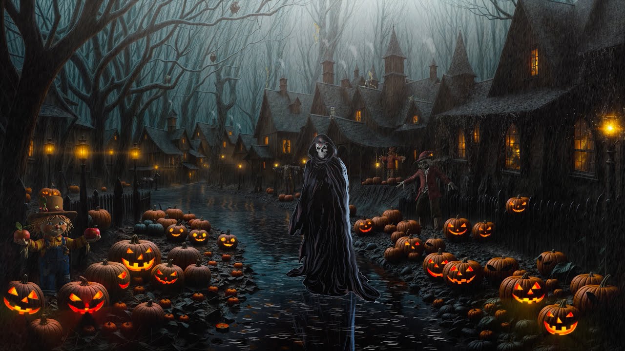 👻Haunted Village HALLOWEEN Ambience with Relaxing Heavy Rain and Thunderstorm Sounds for Sleeping